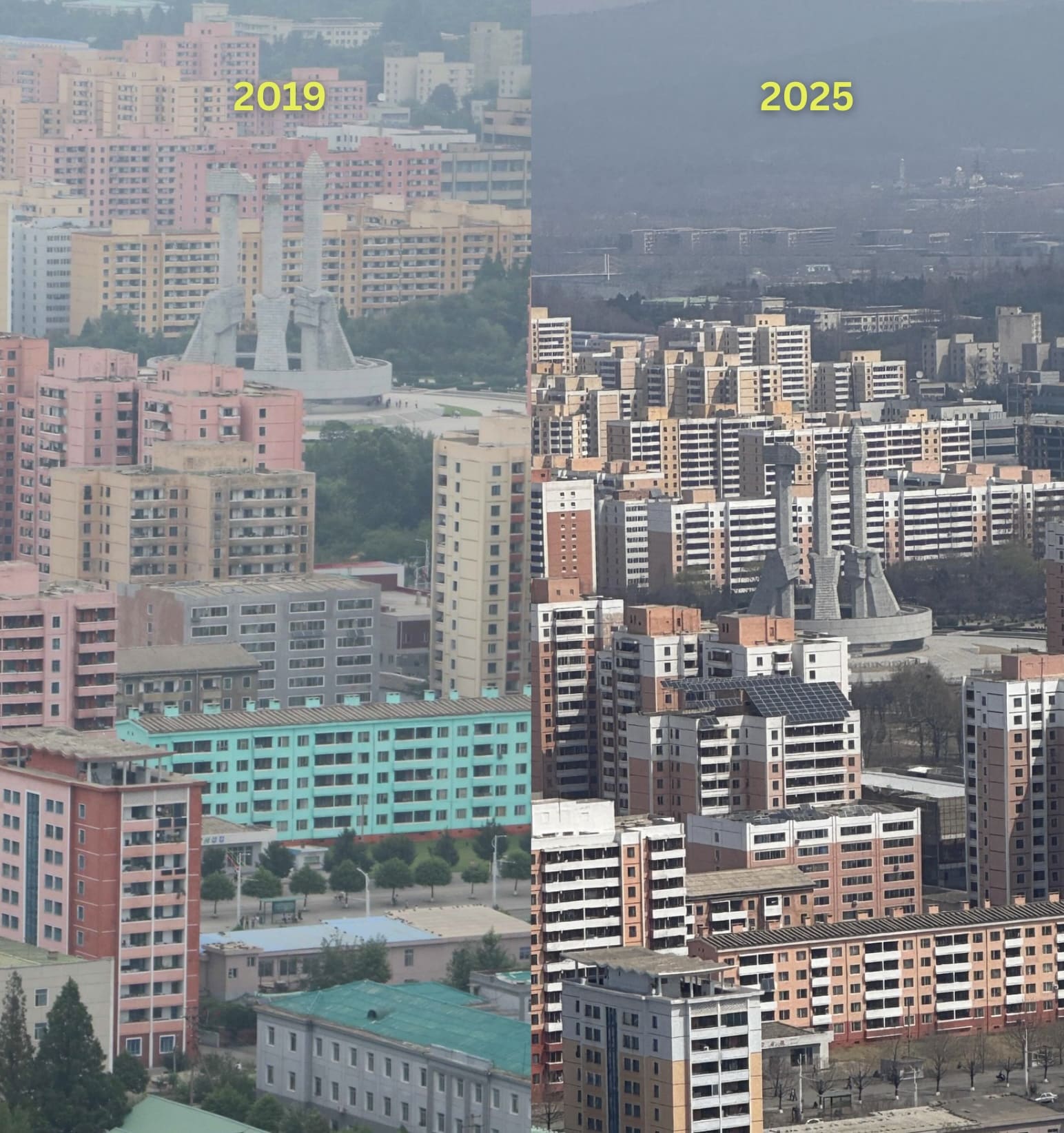 2019 年的平壤建築仍然有不少色彩，但明顯較舊，2025年的卻已重新油漆。